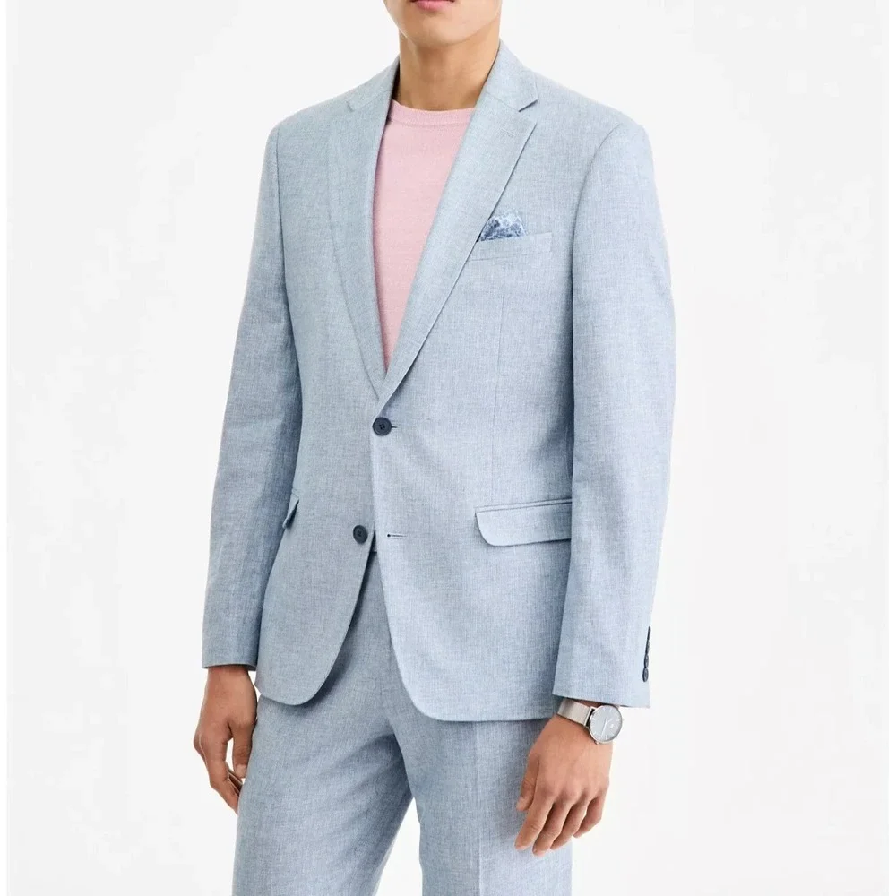 Bar III Men's Slim Fit 2 Piece Suit Jacket 44R Pant 36W 30L Blue Linen Cotton
